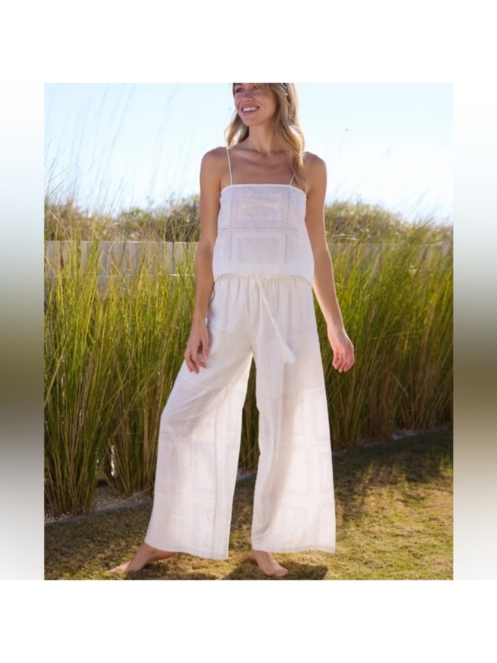 NATURAL LIFE White Eyelet Wide-Leg Pants